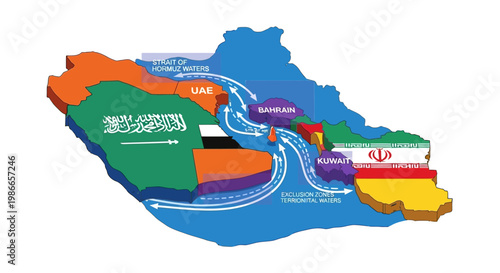 Detailed vector illustration depicting a potential US military escalation scenario in the Strait of Hormuz, showcasing the map of Arab countries with a clean, modern design