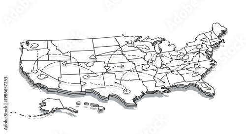 A stylized vector illustration shows a map of the United States with connecting lines indicating potential military escalation, presented as a bold graphic icon against a clean white