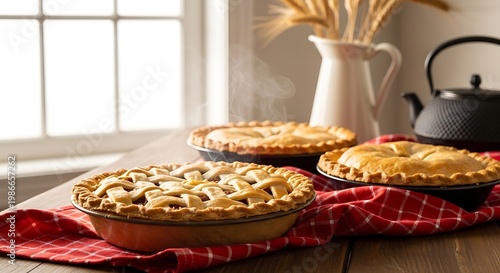 Warm Fresh Pies on Rustic Table with Steam