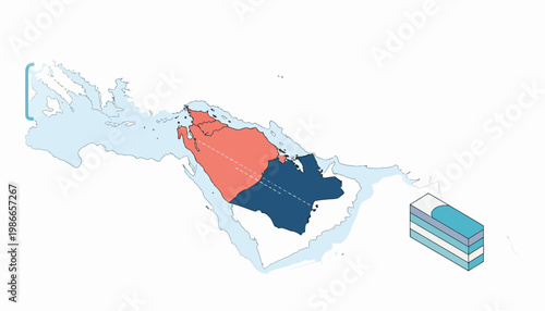 Isometric vector illustration displaying a military escalation design, highlighting the Strait of Hormuz on a map of Arab countries with a clean, minimalist style against a plain white