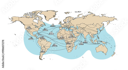 Vector illustration depicting a world map showing US military escalation and potential blockade points in the Strait of Hormuz and other strategic areas, set against a clean white