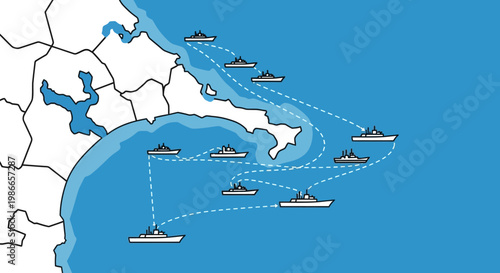 A vector illustration depicts US military escalation with a blockade near the Strait of Hormuz, shown as a map of Arab countries with stylized ship icons connected by dotted lines