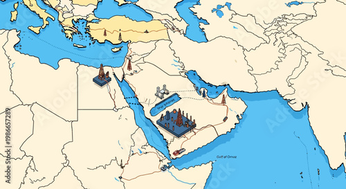 An illustration displaying a US military escalation map of Arab countries, featuring character icons and the Strait of Hormuz blockade, with vector design elements against a light