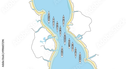 Vector illustration showing a US military escalation map depicting a blockade in the Strait of Hormuz, showcasing a potential war scenario, with a minimalist design against a clean white
