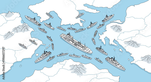 A vector illustration depicting a military escalation map of the Strait of Hormuz and surrounding Arab countries, showcasing a blockade with warships in a flat design against a light blue