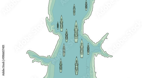 Illustrated vector map showing US military escalation in the Strait of Hormuz, featuring character icons representing ships and blockades in a design conveying a sense of global business