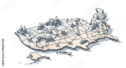 A hand-drawn illustration depicting a US military escalation map, showcasing a network of connected strategic locations across the United States with a blockade design against a white