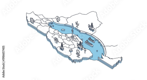 A vector illustration depicting the Strait of Hormuz on a stylized map of Arab countries, showing potential US military escalation and blockade with various icons, against a clean white
