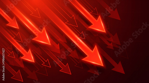 Stock market crash arrows pointing down in red neon style for economic crisis business presentation background.