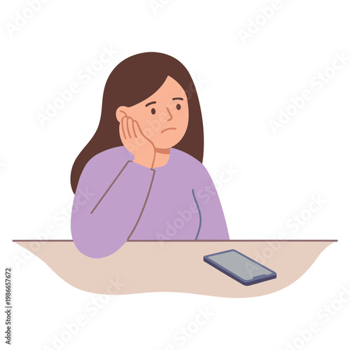 Woman sitting bored at table with smartphone in front