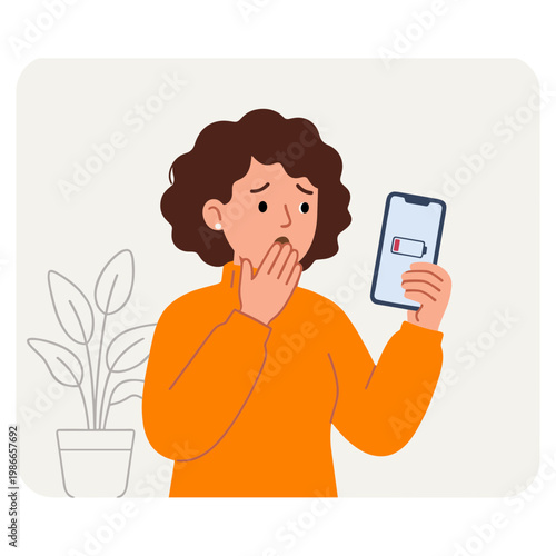 Woman reacts to message on phone with surprise near plant