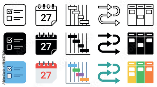 Comprehensive collection of project management icons in three distinct styles, illustrating various aspects of planning and workflow with clean, modern, and versatile vector graphics