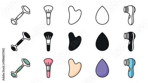 Various beauty and skincare tools icons are neatly arranged in a grid, showcasing outline, solid, and colorful variations with a clean, modern aesthetic