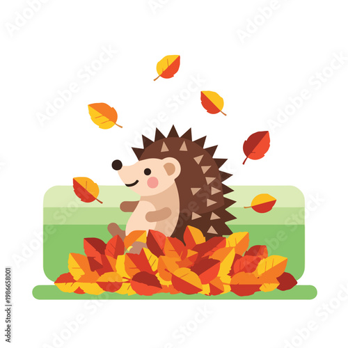 A cartoon hedgehog playing in a pile of colorful autumn leaves
