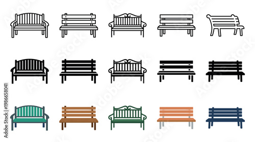 Collection of park bench icons in various styles including line art, solid silhouette, and colorful flat design illustrations for graphic design elements