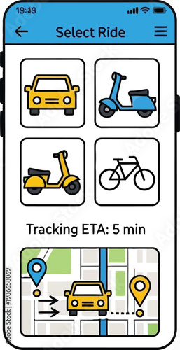 Ride Sharing App Interface: Select Vehicle, Track ETA, and Map Navigation