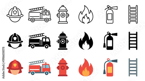Firefighter icon set with emergency safety symbols including a helmet, truck, hydrant, flame, extinguisher, and ladder in line, glyph, and flat color styles for graphic design