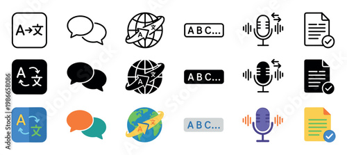 Language translation and communication vector icon set featuring symbols for global dialogue, voice recognition, and text conversion in line, glyph, and flat styles