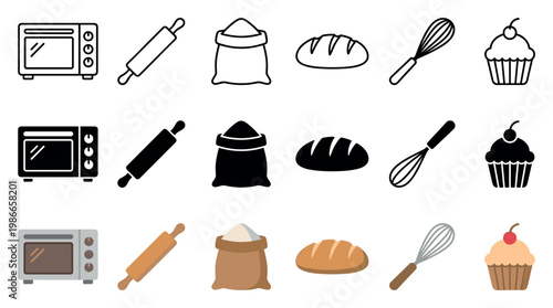 Collection of baking and cooking icons presented in three different styles: outline, solid glyph, and full color, featuring an oven, rolling pin, flour, bread, and cupcake
