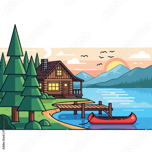 A serene lakeside cabin at sunset