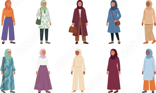 Muslim women collection set, hijab fashion modest characters, isolated vector illustration design diversity bundle clothing style