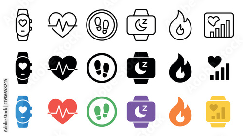 Fitness tracker and health monitoring icons set in three different styles including line, solid glyph, and flat color for various health and activity tracking functions
