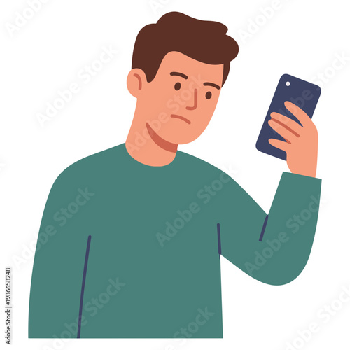 A man looks concerned while holding up his smartphone indoors.