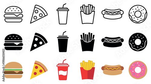 Fast food vector icon set collection showing a hamburger, pizza, soda, fries, hot dog, and donut in three different styles: outline, glyph, and flat color design