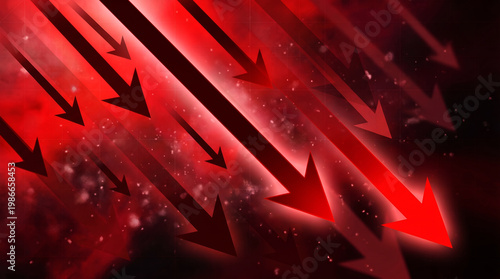 Stock market crash arrows pointing down in red neon style for economic crisis business presentation background.