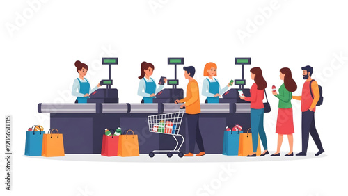 Top Down Retail Shopping Experience Vector Set, Supermarket Human Activity System, Customer Journey Workflow Illustration, Isolated White Background