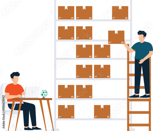 Warehouse logistics Inventory control Supply chain Order fulfillment Stock management Digital commerce Online business Shipping process Cardboard boxes Storage shelves Delivery service Two workers