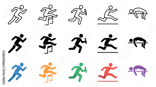 Track and field athletics vector icon set featuring various disciplines like sprinting, hurdles, relay race, long jump, and high jump in outline, solid black, and colorful flat styles