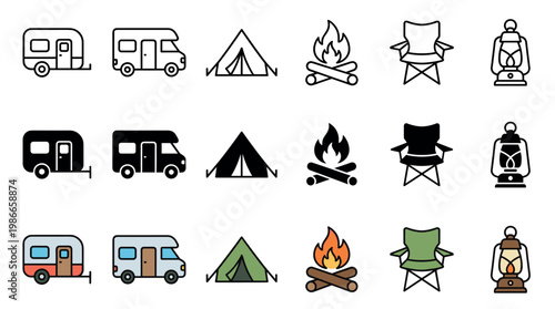 Various camping and outdoor adventure icons are displayed in a grid, featuring outline, solid, and colored styles for recreational vehicles, tents, campfires, chairs, and lanterns
