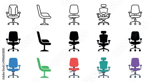 Various modern office and lounge chair icons are presented in a clear grid, showcasing diverse styles including outline, solid black, and vibrant color variations