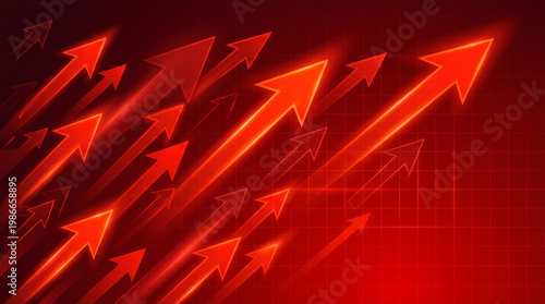 Red business growth arrows rising upward in neon digital style for stock market financial data presentation background.