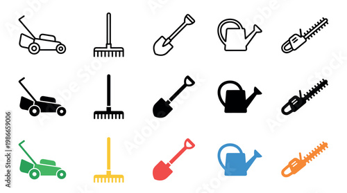 Set of gardening tool icons including a lawn mower, rake, shovel, watering can, and hedge trimmer in outline, silhouette, and colorful flat vector styles for graphic design