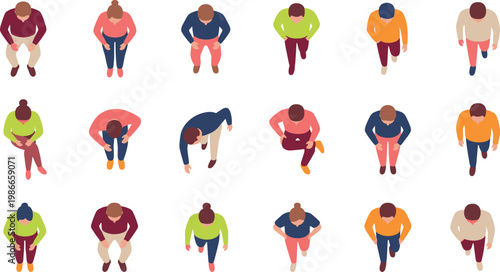 People top view walking, overhead men women movement poses, vector illustration crowd design pack collection