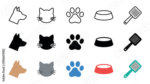 Set of pet care icons showing a dog, cat, paw print, bowl, and brush in three different styles: outline, solid black silhouette, and simple flat color illustration