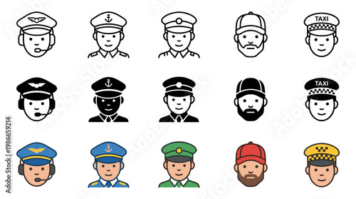 Collection of professional occupation icons showing a pilot, captain, officer, and taxi driver in three distinct styles including line art, solid glyph, and full color vector