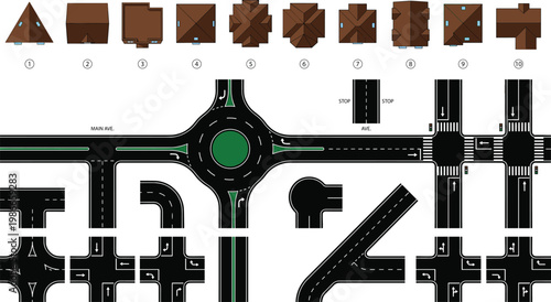 Urban road elements set, traffic intersection highway collection, roundabout street asphalt map isolated vector design template