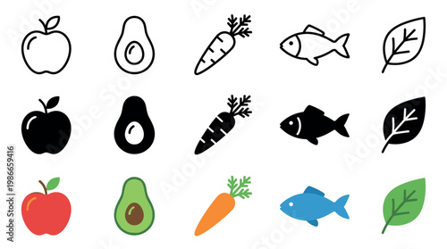 Set of healthy food vector icons featuring an apple, avocado, carrot, fish, and leaf, presented in three distinct visual styles: outline, solid black silhouette, and full color