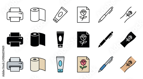 Tattoo equipment and design icon set featuring a stencil printer, paper roll, ointment tube, rose sketch, pen, and finished tattoo in outline, solid, and color variations