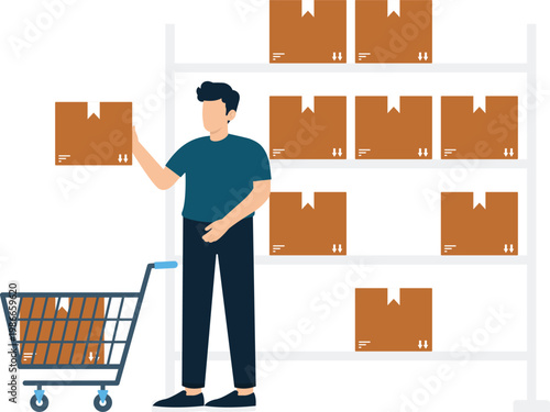 Young man handling package warehouse worker inventory management logistics operation supply chain retail fulfillment shipping service cardboard box storage shelf delivery service modern concept