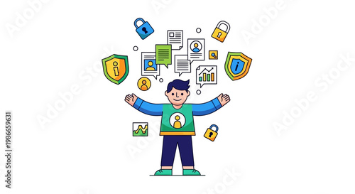 A vector cybersecurity illustration shows a person surrounded by security data icons including locks and shields, set against a clean white background with a whimsical and informative