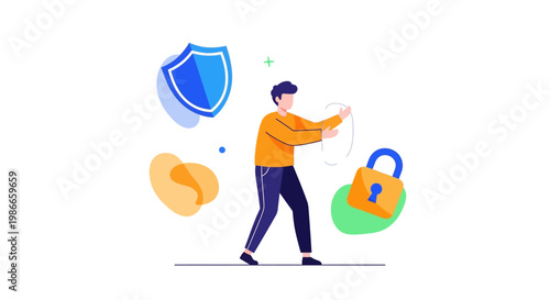 Vector illustration of a businessman character securing data with a protective shield and padlock against cyberattacks in a world of cybersecurity, conveying a sense of safety