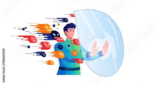 In a cybersecurity vector illustration, a digital character defends against a cyberattack using a shield against a colorful array of icons, depicting a world of security data threats