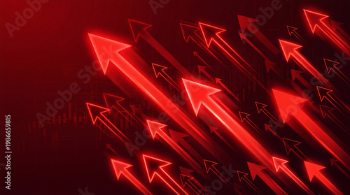 Business growth arrows rising upward in red neon style for stock market financial data presentation background.
