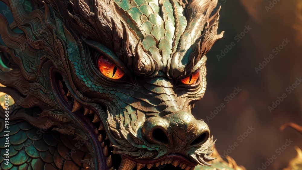 Fototapeta premium Majestic Detailed Portrait of an Ancient Mythical Dragon Creature