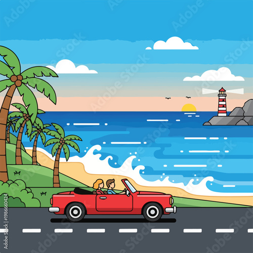 A cartoon illustration of a couple driving along a beachside road
