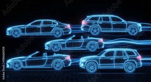 Futuristic Digital Car Designs with Blue Neon Light Trails.